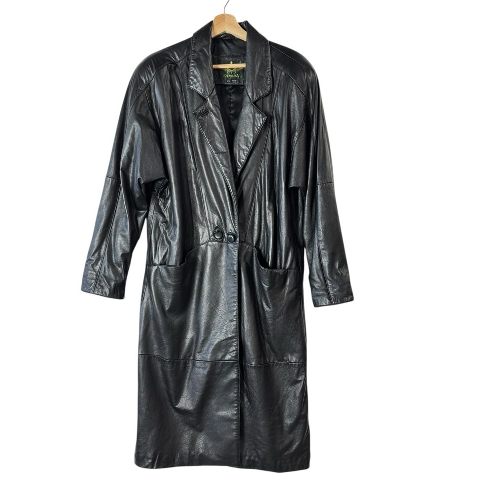 Vintage Avanti Black Genuine Leather Long Trench Coat PM - Picture 2 of 14